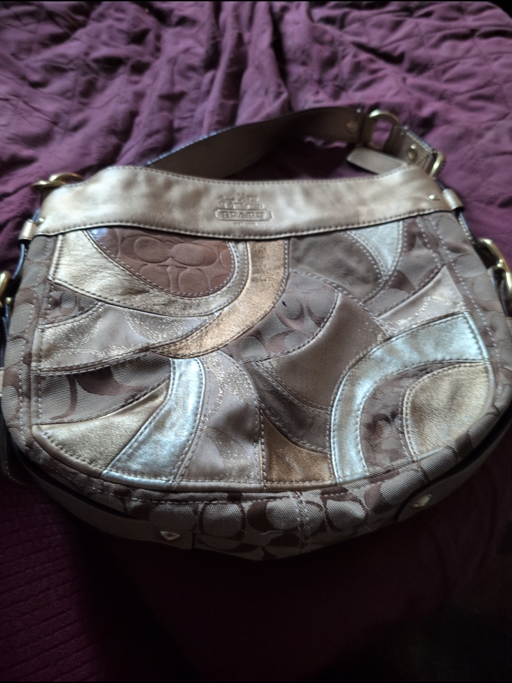 Coach Metallic Patchwork Hobo Bag - Champagne and Taupe
